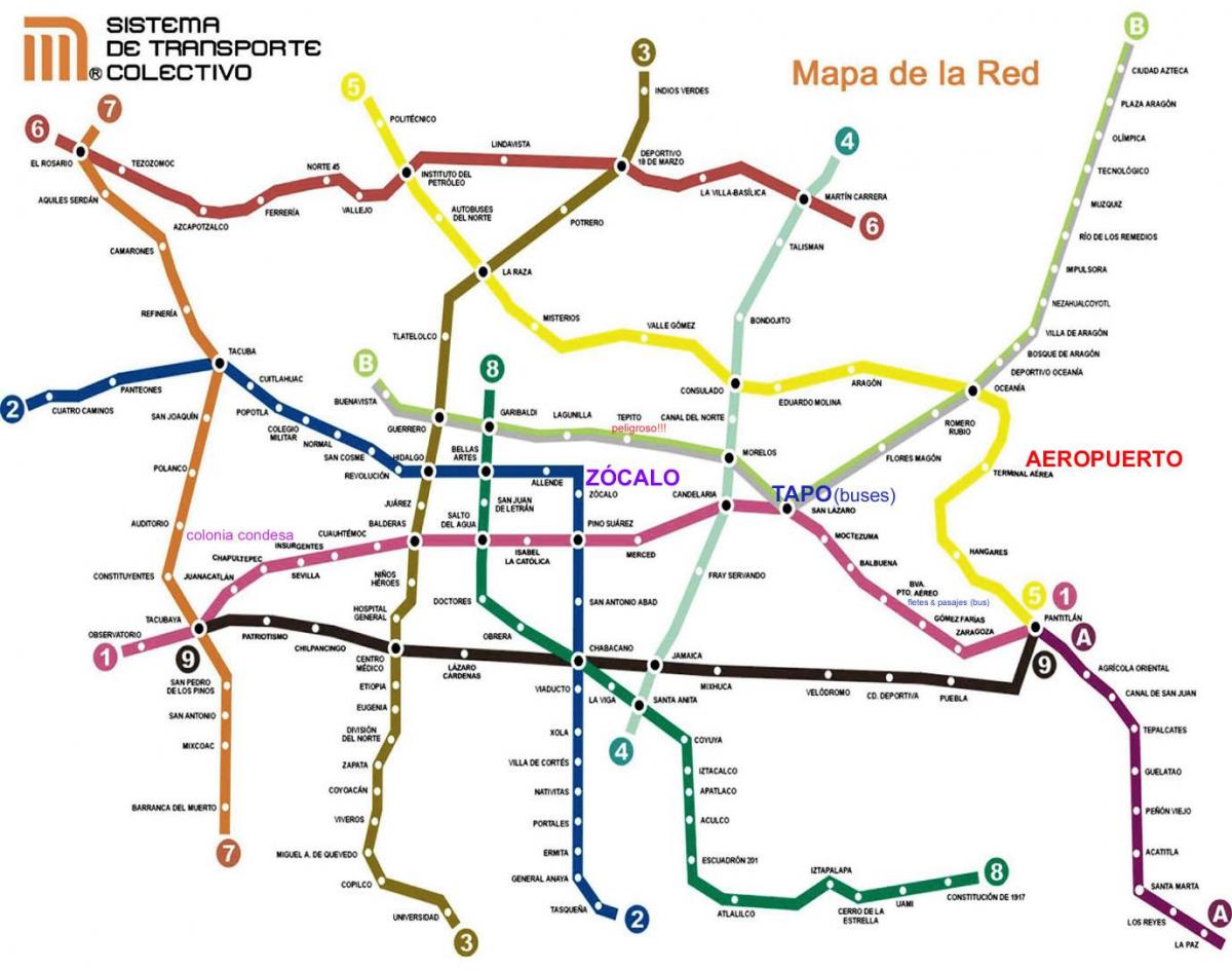 Meksikos Miesto traukinių žemėlapis