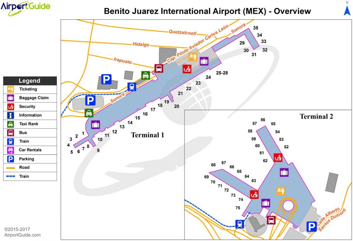 Meksikos Miesto oro uosto vartų žemėlapyje